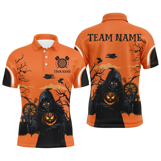 Halloween Spook Night Death Skeleton Custom Darts Shirts For Men, Orange Scary Dart Polo, Darts Team Polo Shirt