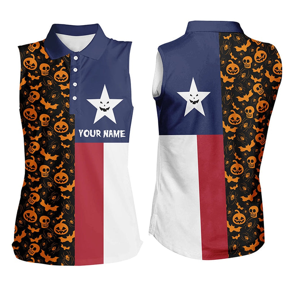 Halloween Texas Flag Womens Sleeveless Golf Shirts, Funny Texas Shirt For Halloween, Best Golf Gifts, Women Golf Shirts