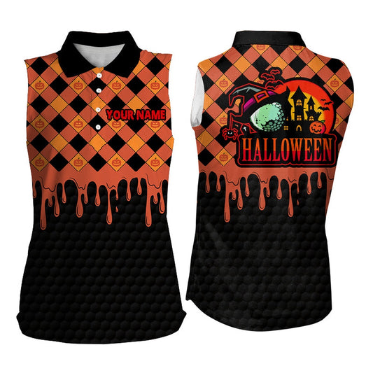 Halloween Womens Sleeveless Golf Shirts, Custom Name Halloween Golf Shirts Funny Golf Gifts, Women Golf Shirts