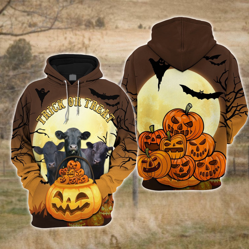Happiness Black Angus Cattle Halloween Pattern Farm Personalized 3D Hoodie, Farmer Hoodie, Custom Farm Shirts, Farmer T Shirt