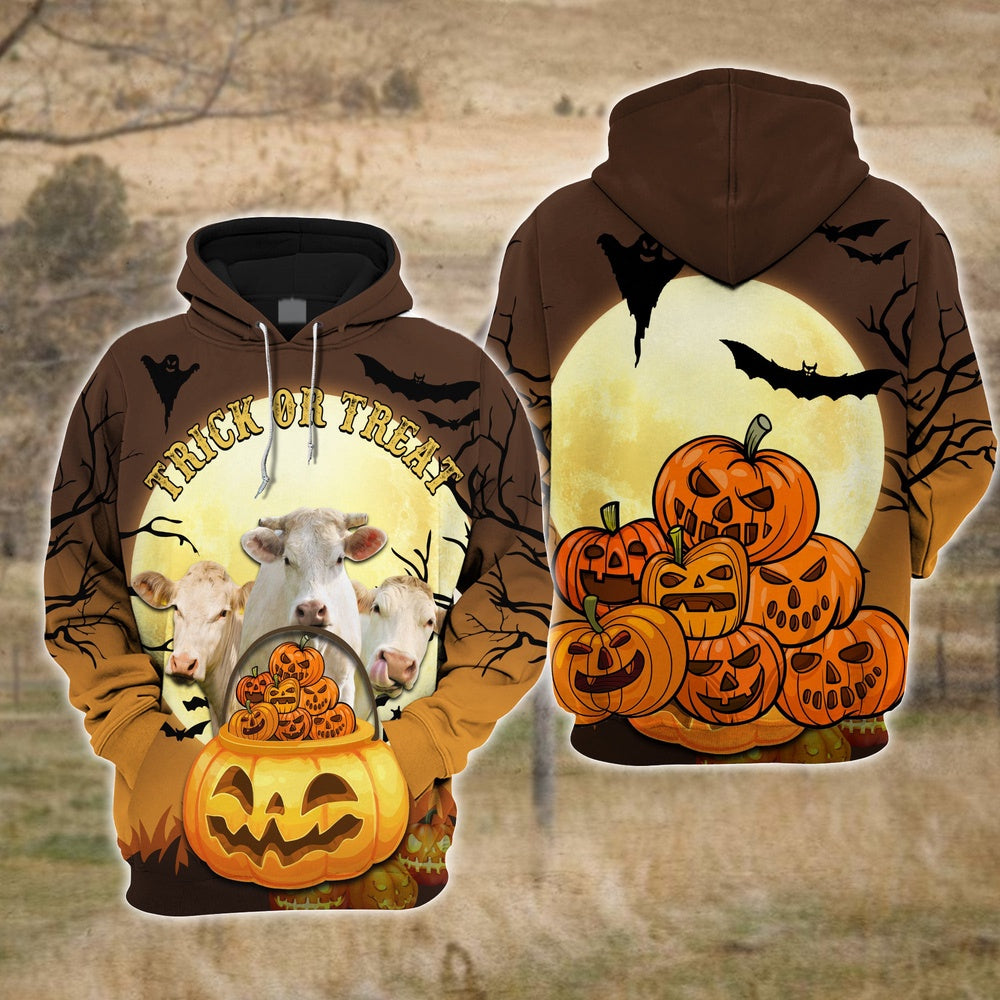 Happiness Charolais Cattle Halloween Pattern Farm Personalized 3D Hoodie, Farmer Hoodie, Custom Farm Shirts, Farmer T Shirt
