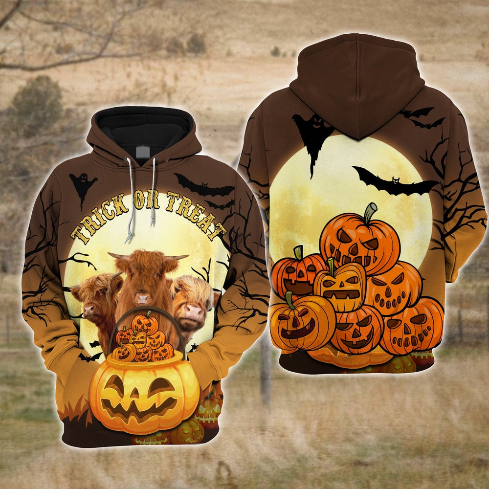 Happiness Highland Cattle Halloween Pattern Farm Personalized 3D Hoodie, Farmer Hoodie, Custom Farm Shirts, Farmer T Shirt