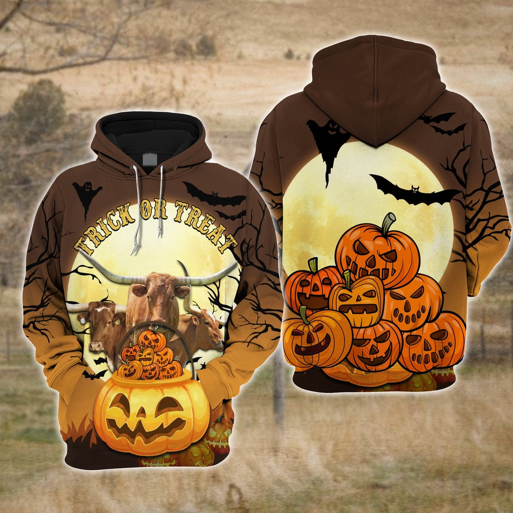 Happiness Texas Longhorn Cattle Halloween Pattern Farm Personalized 3D Hoodie, Farmer Hoodie, Custom Farm Shirts, Farmer T Shirt