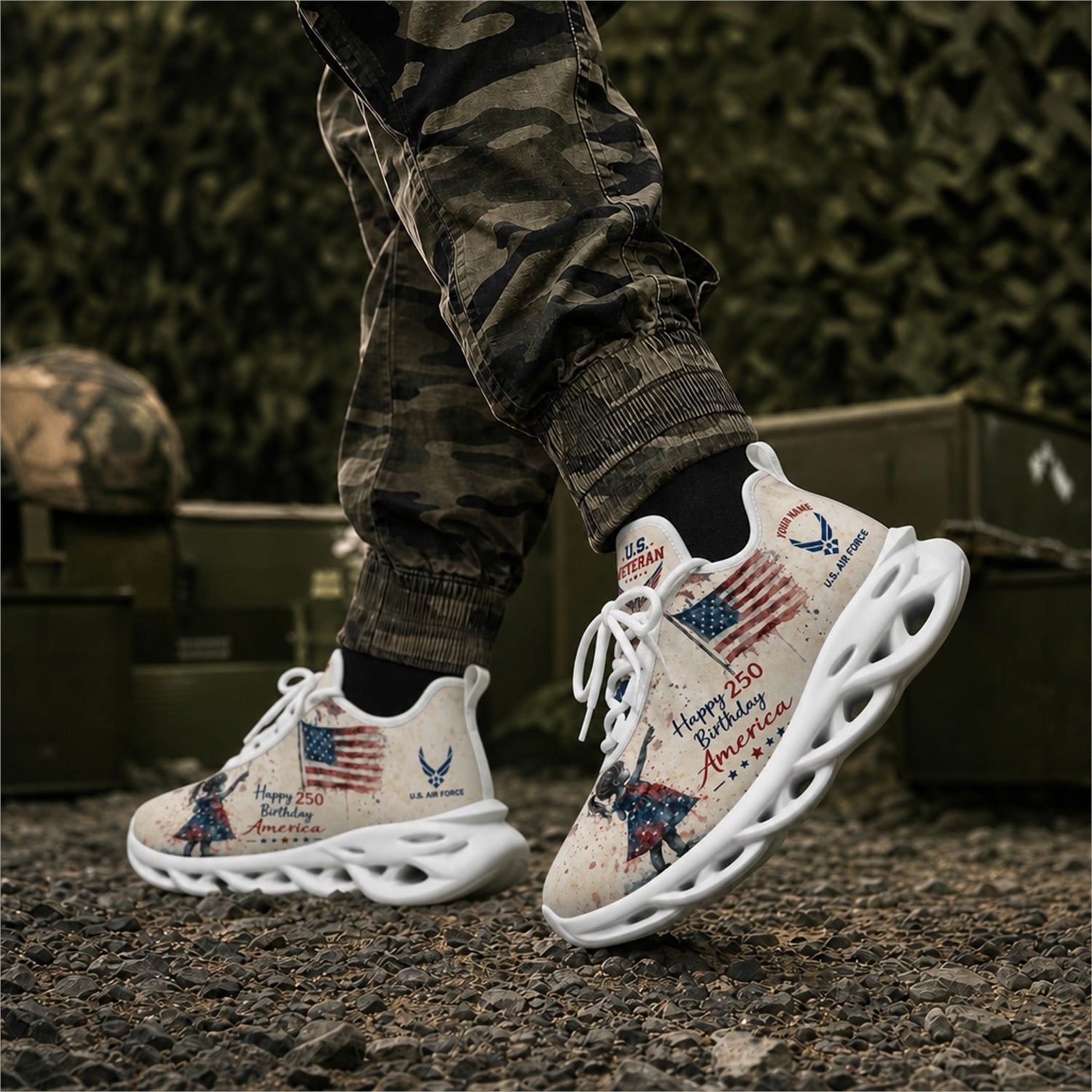 Custom Name Happy 250 America Patriotic Eagle Max Soul Shoes, Veteran Sneaker