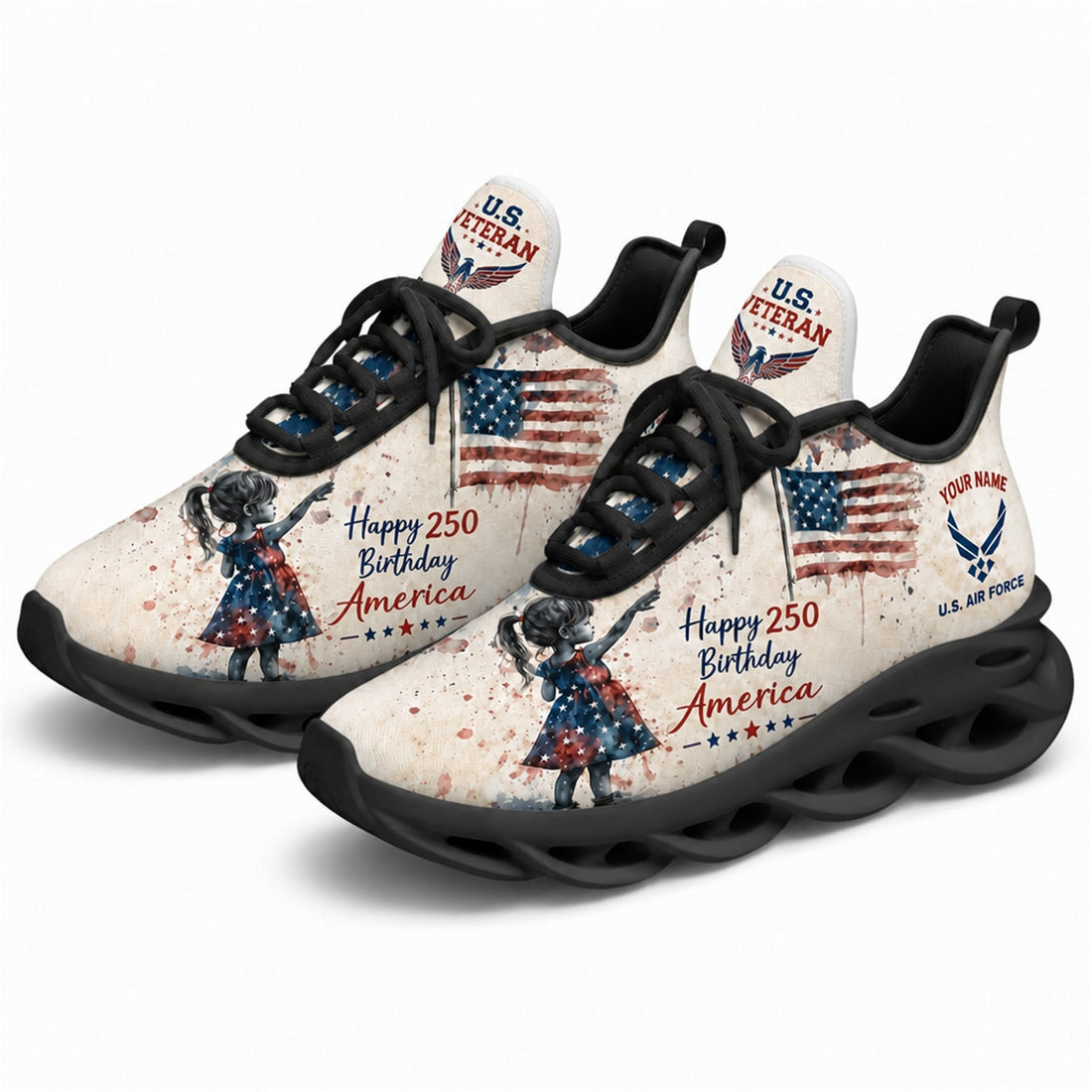 Custom Name Happy 250 America Patriotic Eagle Max Soul Shoes, Veteran Sneaker