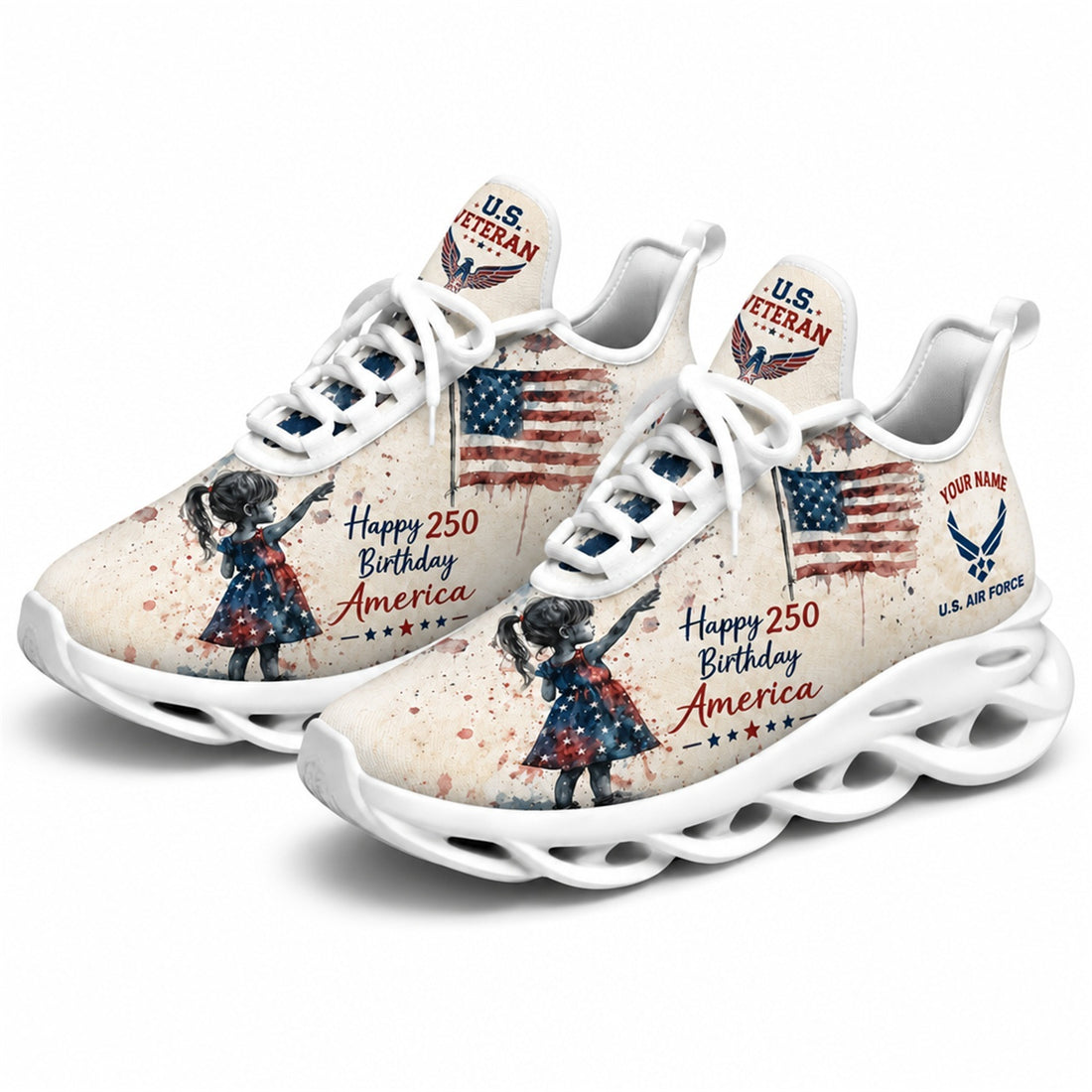 Custom Name Happy 250 America Patriotic Eagle Max Soul Shoes, Veteran Sneaker