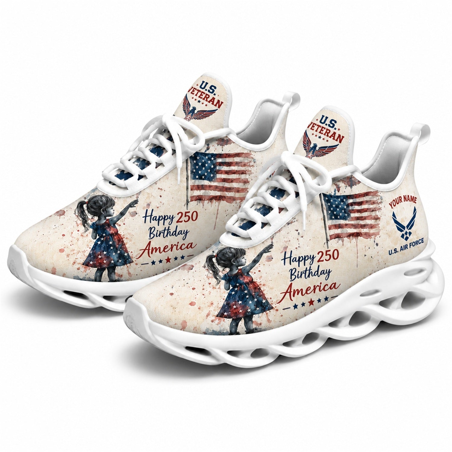 Custom Name Happy 250 America Patriotic Eagle Max Soul Shoes, Veteran Sneaker