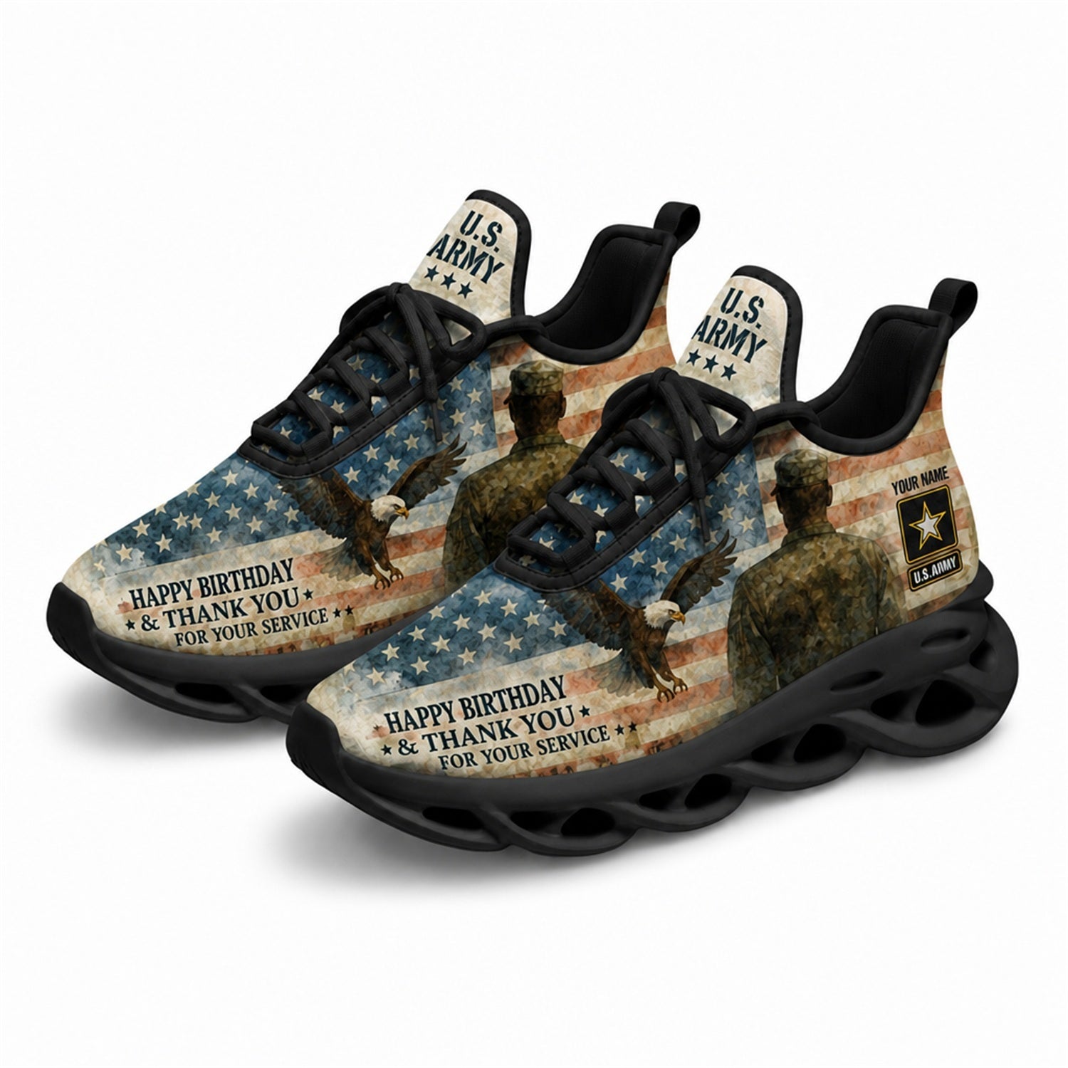 Custom Name Happy Birthday Army Veteran Max Soul Shoes, Veteran Sneaker
