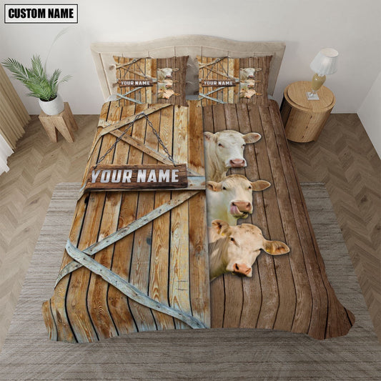 Happy Farm Charolais No Horn Wooden Door Bedding Set, Farm Bedding Set, Farmhouse Bedding Set