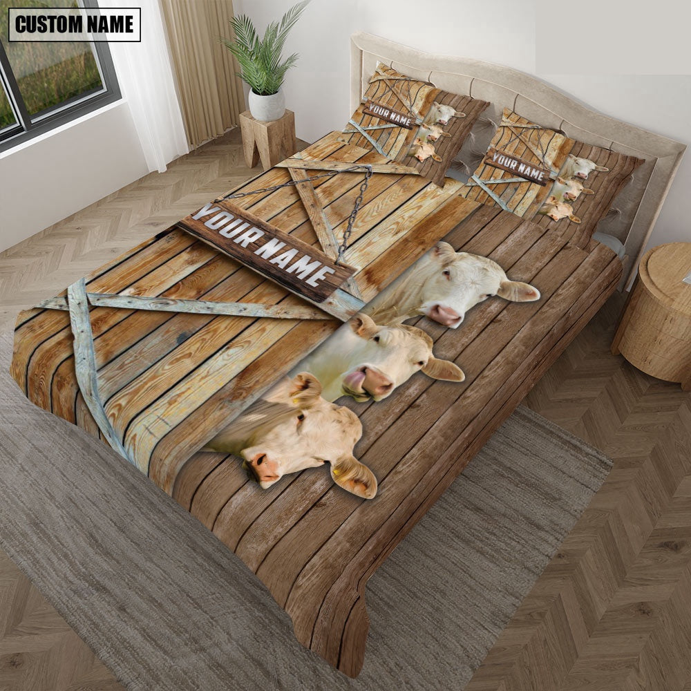 Happy Farm Charolais No Horn Wooden Door Bedding Set, Farm Bedding Set, Farmhouse Bedding Set
