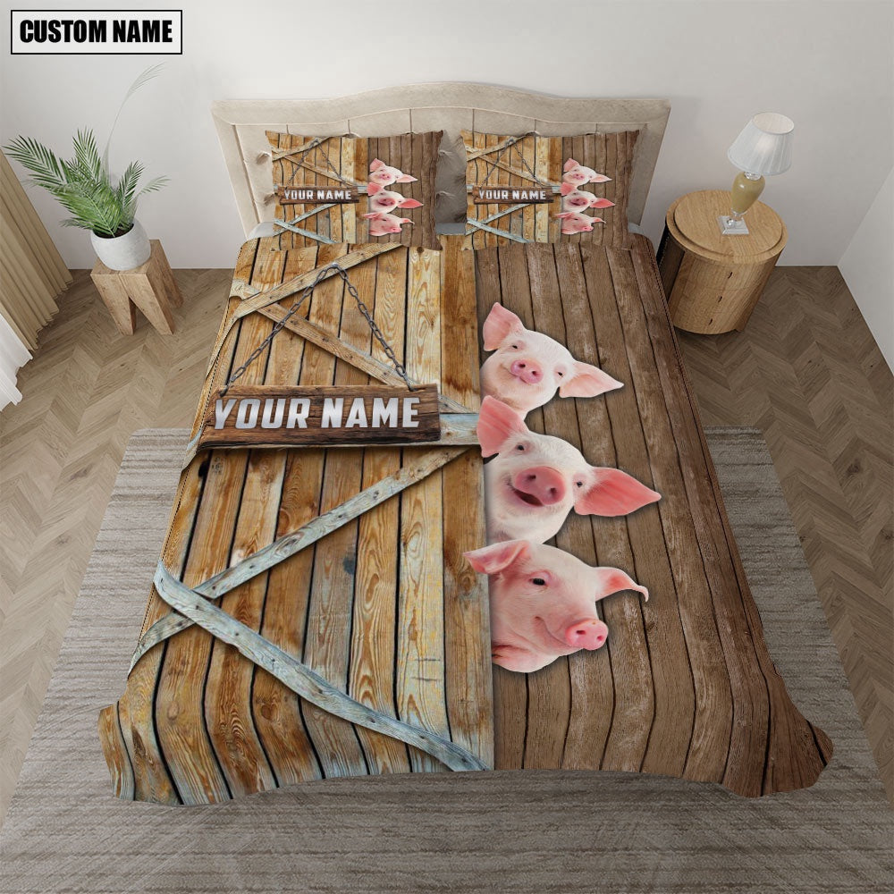 Happy Farm Pig Wooden Door Bedding Set, Farm Bedding Set, Farmhouse Bedding Set
