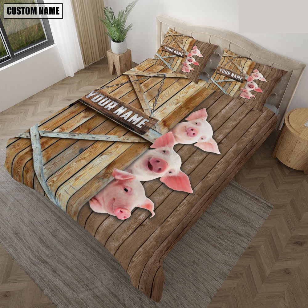 Happy Farm Pig Wooden Door Bedding Set, Farm Bedding Set, Farmhouse Bedding Set