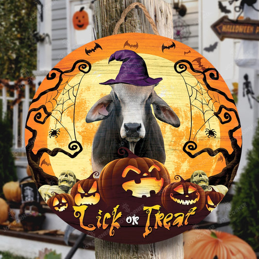 Happy Halloween Brahman Lick Or Treat Round Wooden Sign, Farm Wood Sign, Farmhouse Decor Wooden Signs