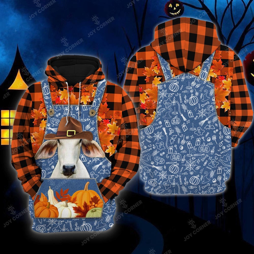 Happy Halloween Brahman Orange Plaid All Printed 3D Shirt, Farmer Hoodie, Farm Themed Shirts, Farm Tee Shirts