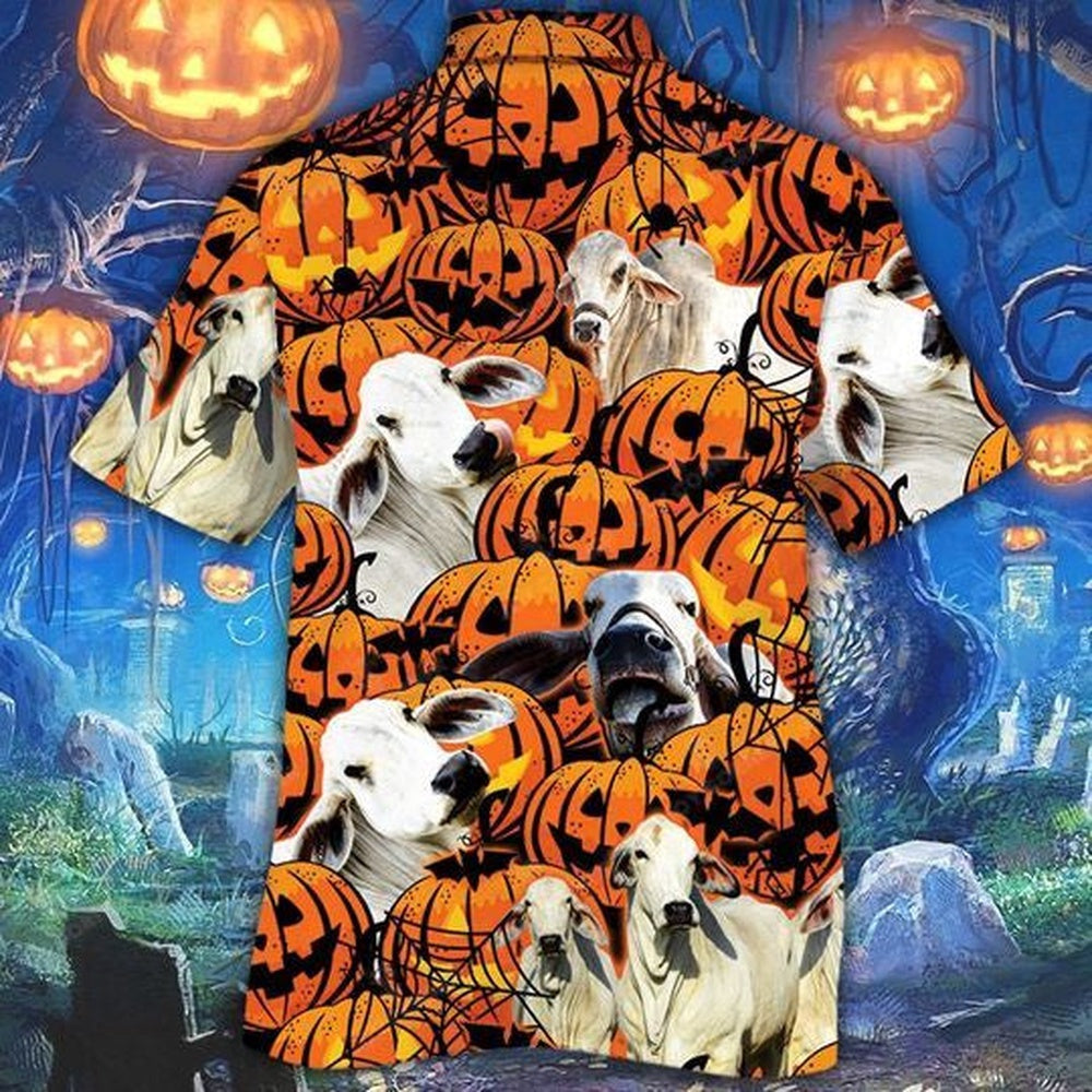 Happy Halloween Brahman Pumpkin All Over Printed Hawaiian Shirt, Farm Hawaiian Shirt, Farmer Hawaii