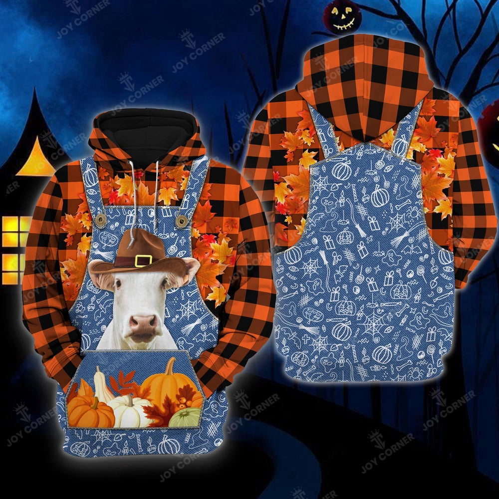 Happy Halloween Charolais Orange Plaid All Printed 3D Shirt, Farmer Hoodie, Farm Themed Shirts, Farm Tee Shirts