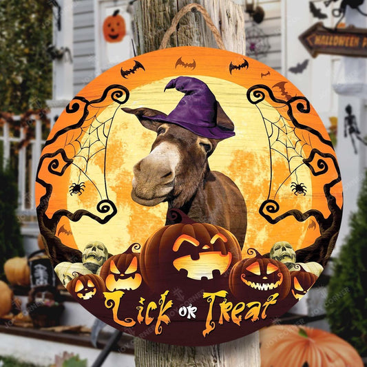 Happy Halloween Donkey Lick Or Treat Round Wooden Sign, Farm Wood Sign, Farmhouse Decor Wooden Signs