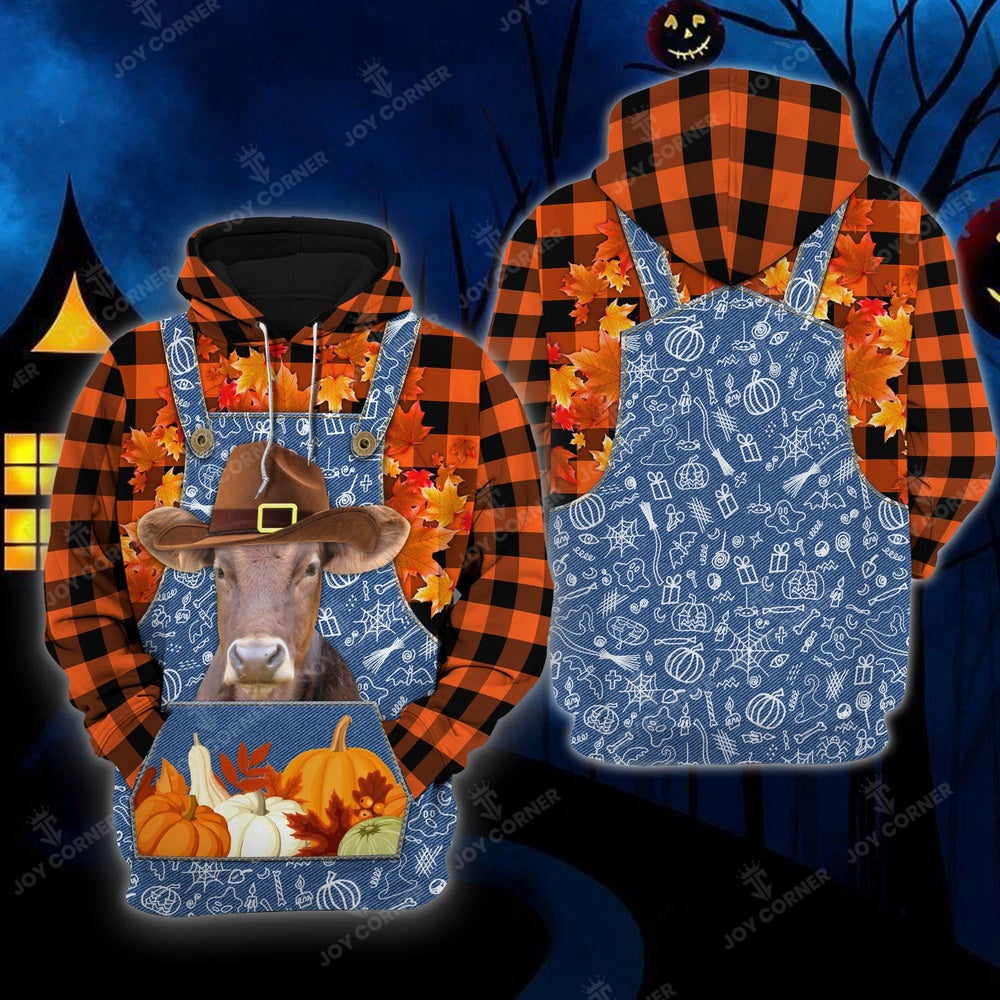 Happy Halloween Gelbvieh Orange Plaid All Printed 3D Shirt, Farmer Hoodie, Farm Themed Shirts, Farm Tee Shirts