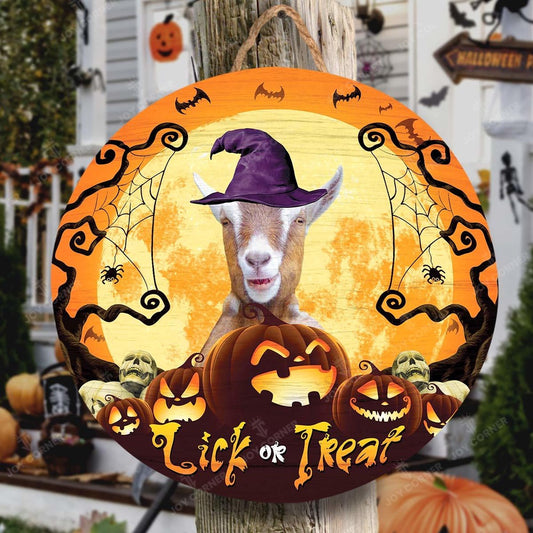 Happy Halloween Goat Lick Or Treat Round Wooden Sign, Farm Wood Sign, Farmhouse Decor Wooden Signs