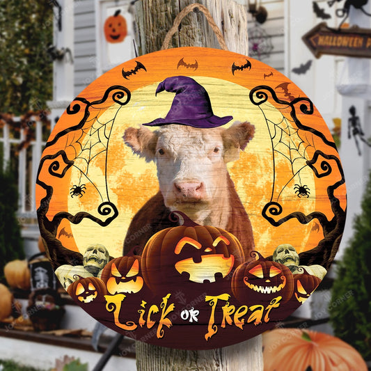 Happy Halloween Hereford Lick Or Treat Round Wooden Sign, Farm Wood Sign, Farmhouse Decor Wooden Signs
