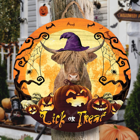 Happy Halloween Highland Lick Or Treat Round Wooden Sign, Farm Wood Sign, Farmhouse Decor Wooden Signs