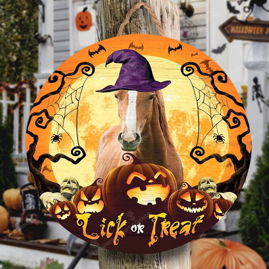 Happy Halloween Horse Lick Or Treat Round Wooden Sign, Farm Wood Sign, Farmhouse Decor Wooden Signs