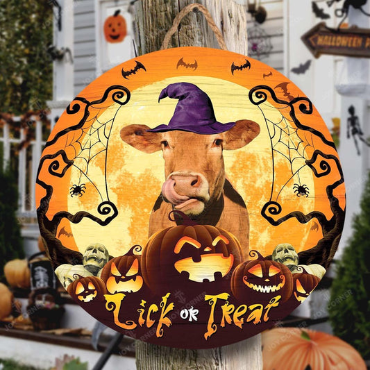 Happy Halloween Limousin Lick Or Treat Round Wooden Sign, Farm Wood Sign, Farmhouse Decor Wooden Signs