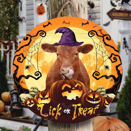 Happy Halloween Red angus Lick Or Treat Round Wooden Sign, Farm Wood Sign, Farmhouse Decor Wooden Signs