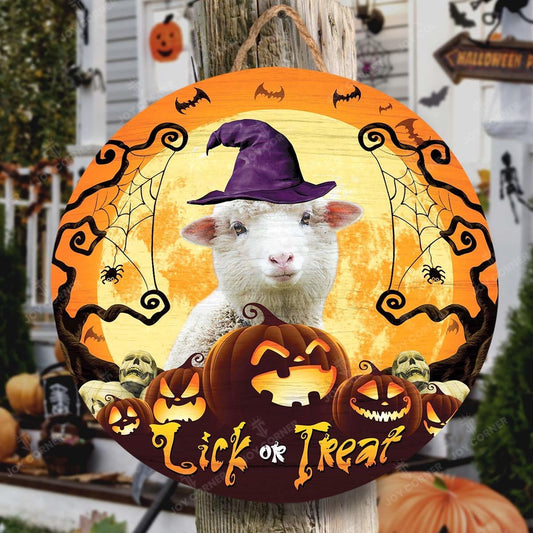 Happy Halloween Sheep Lick Or Treat Round Wooden Sign, Farm Wood Sign, Farmhouse Decor Wooden Signs