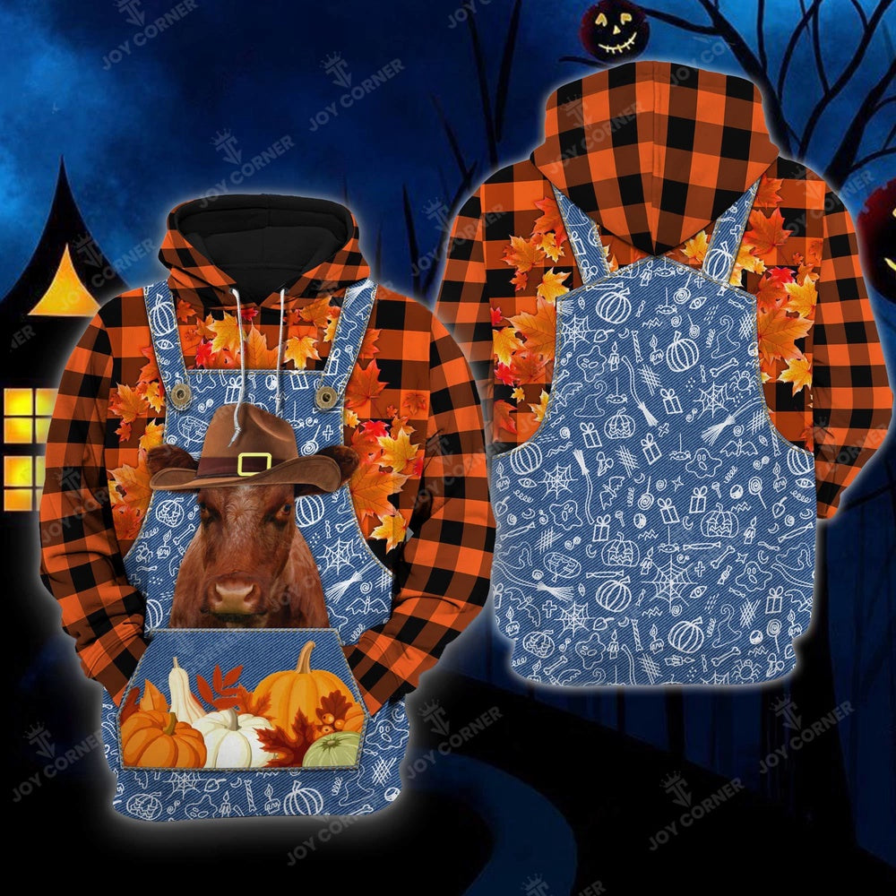 Happy Halloween Shorthorn Orange Plaid All Printed 3D Shirt, Farmer Hoodie, Farm Themed Shirts, Farm Tee Shirts