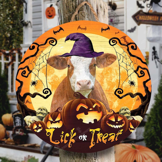 Happy Halloween Simmental Lick Or Treat Round Wooden Sign, Farm Wood Sign, Farmhouse Decor Wooden Signs
