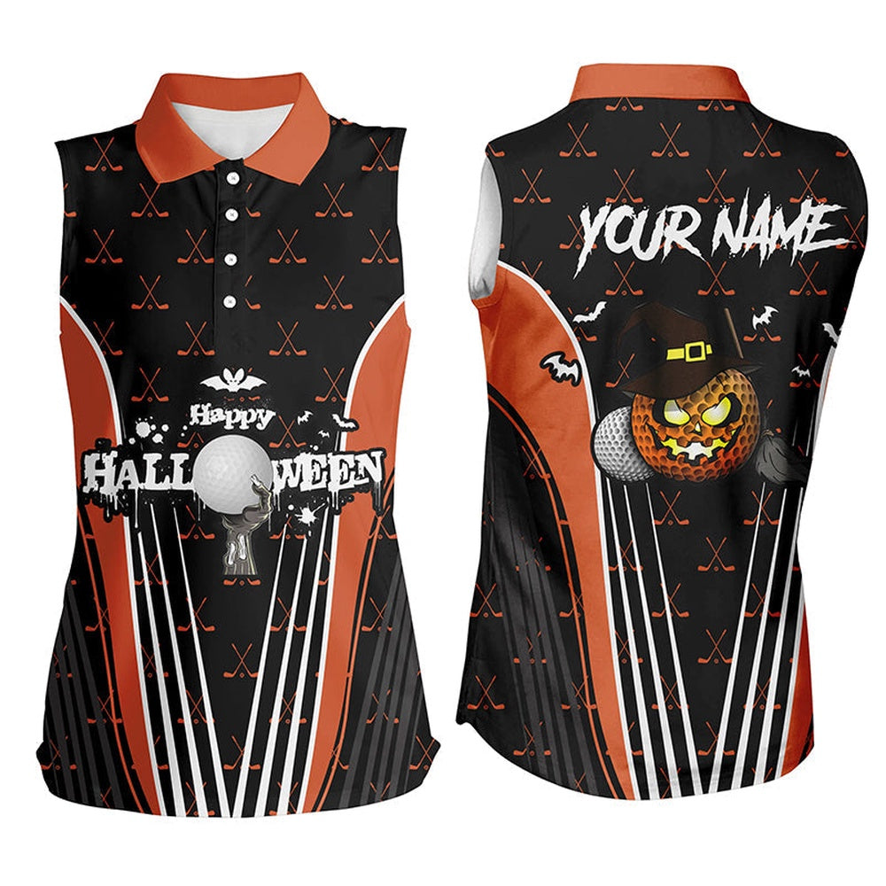 Happy Halloween Sleeveless Golf Polo Shirt Custom Orange Black Golf Shirts Crazy Golf Gifts, Women Golf Shirts