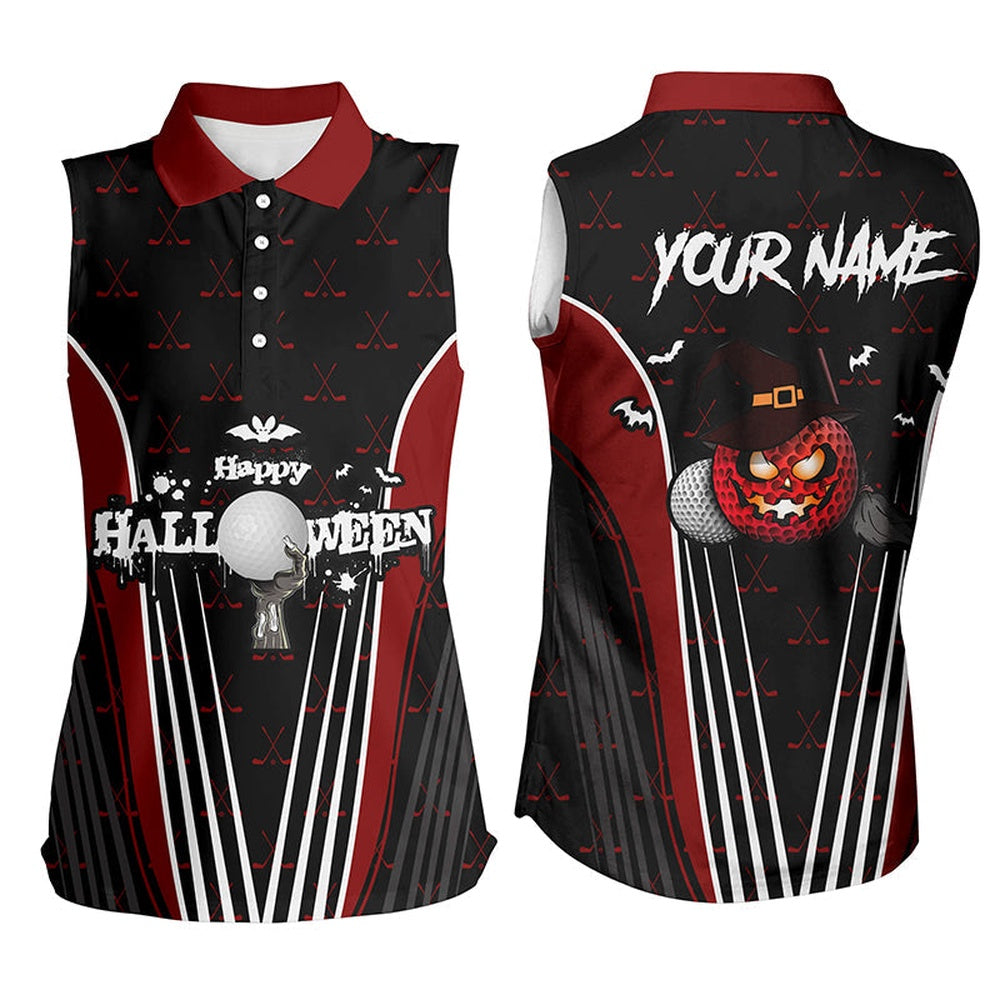 Happy Halloween Sleeveless Golf Polo Shirts Custom Red Black Golf Shirts, Crazy Golf Gifts, Women Golf Shirts
