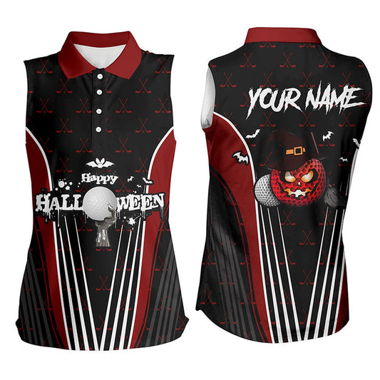Happy Halloween Sleeveless Golf Polo Shirts Custom Red Black Golf Shirts, Crazy Golf Gifts, Women Golf Shirts