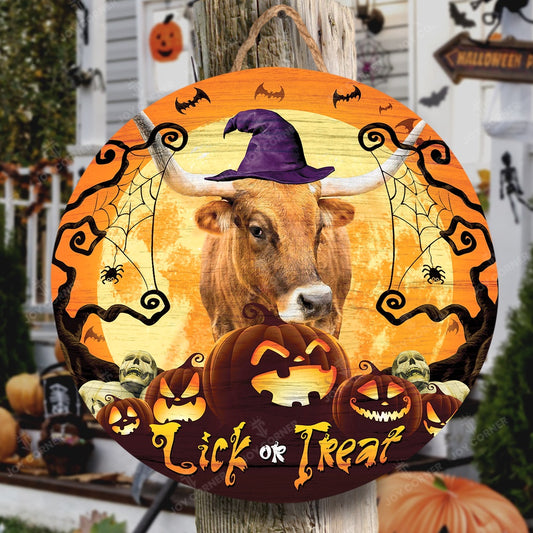 Happy Halloween TX Longhorn Lick Or Treat Round Wooden Sign, Farm Wood Sign, Farmhouse Decor Wooden Signs