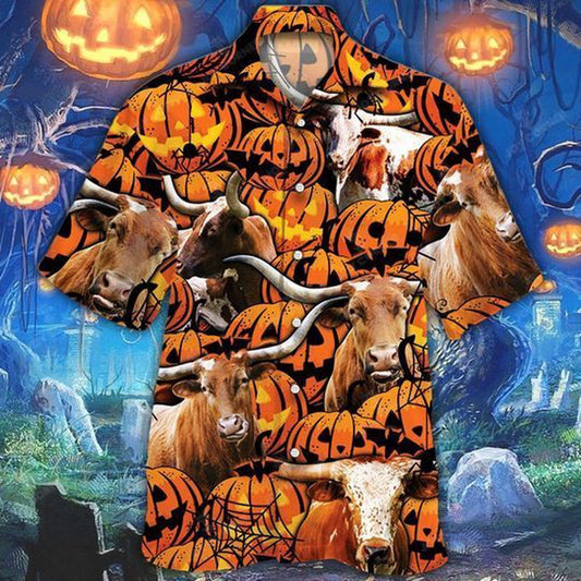 Happy Halloween TX longhorn Pumpkin All Over Printed Hawaiian Shirt, Farm Hawaiian Shirt, Farmer Hawaii