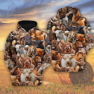 Herd Of Highland Cattle All Over Printed Shirts, Farmer Hoodie, Farm Themed Shirts, Farm Tee Shirts