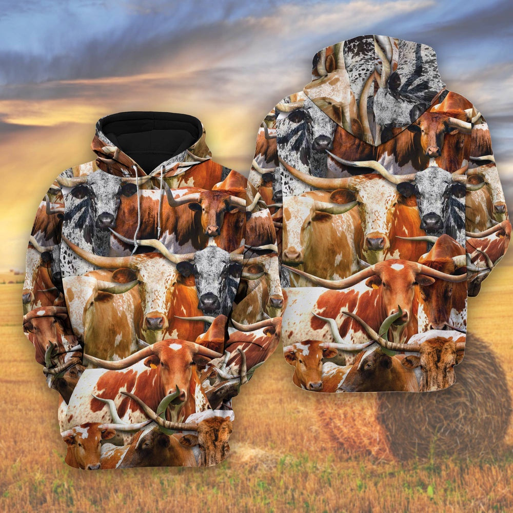 Herd Of TX Longhorn Cattle All Over Printed Shirts, Farmer Hoodie, Farm Themed Shirts, Farm Tee Shirts