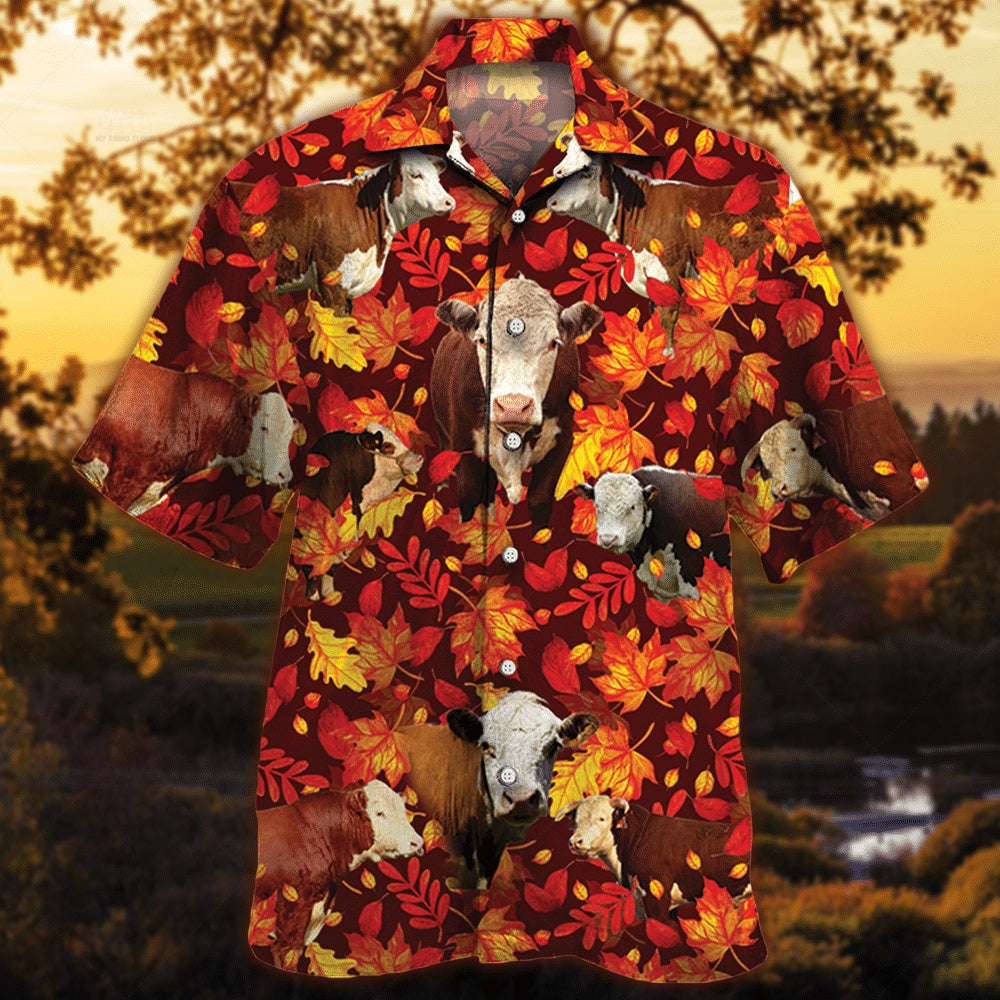Herefold Cattle Autumn Leaves All Over Printed Hawaiian Shirt, Farm Hawaiian Shirt, Farmer Hawaii