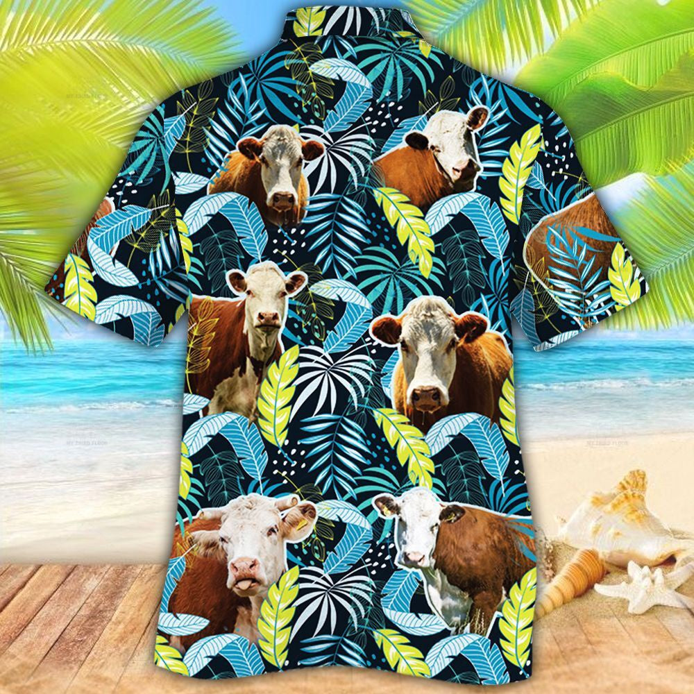 Herefold Cattle Jungle Leaves All Over Printed Hawaiian Shirt, Farm Hawaiian Shirt, Farmer Hawaii