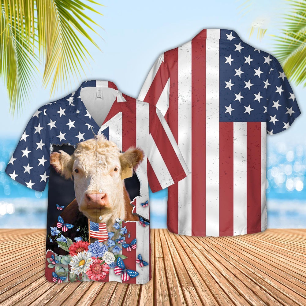 Hereford 4th of July Hawaiian Shirt, Farm Hawaiian Shirt, Farmer Hawaii