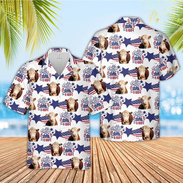 Hereford American Flag Pattern Hawaiian Shirt, Farm Hawaiian Shirt, Farmer Hawaii