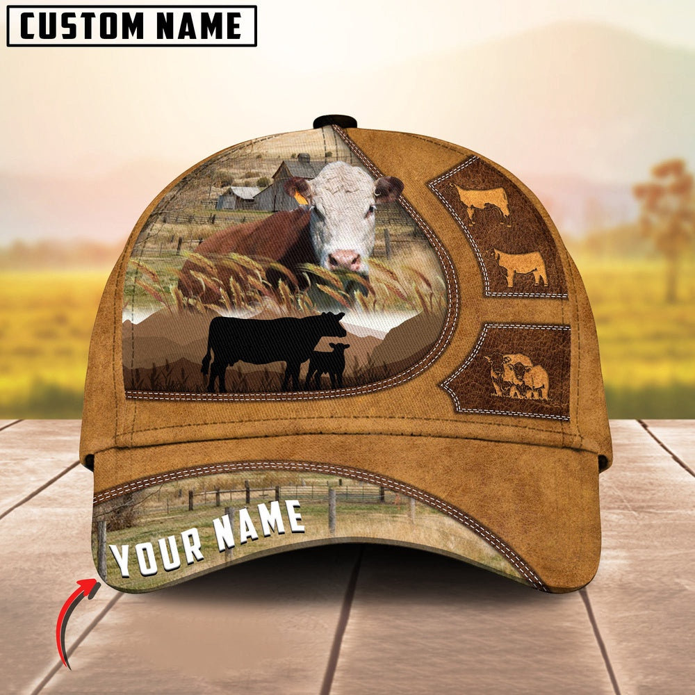 Hereford Art On Farm Yellow Leather Pattern Customized 3D Cap, Farmer Cap, Cap For Farmers, Best Farm Hat, Farm Use Hat