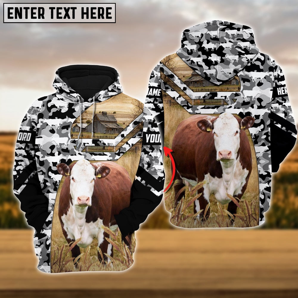 Hereford Camo Animal Pattern Personalized 3D Hoodie, Farmer Hoodie, Custom Farm Shirts, Farmer T Shirt
