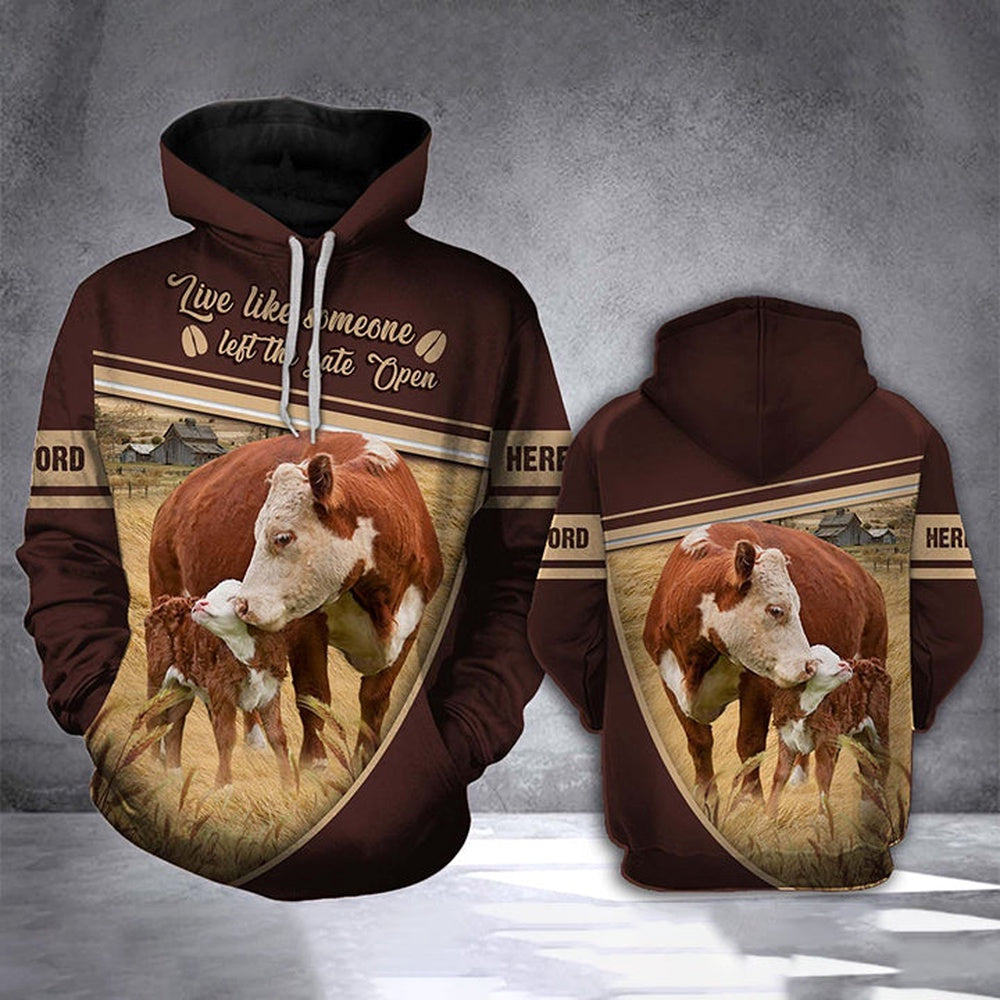 Hereford Cattle All Over Printed Hoodie, Farmer Hoodie, Farm Themed Shirts, Farm Tee Shirts
