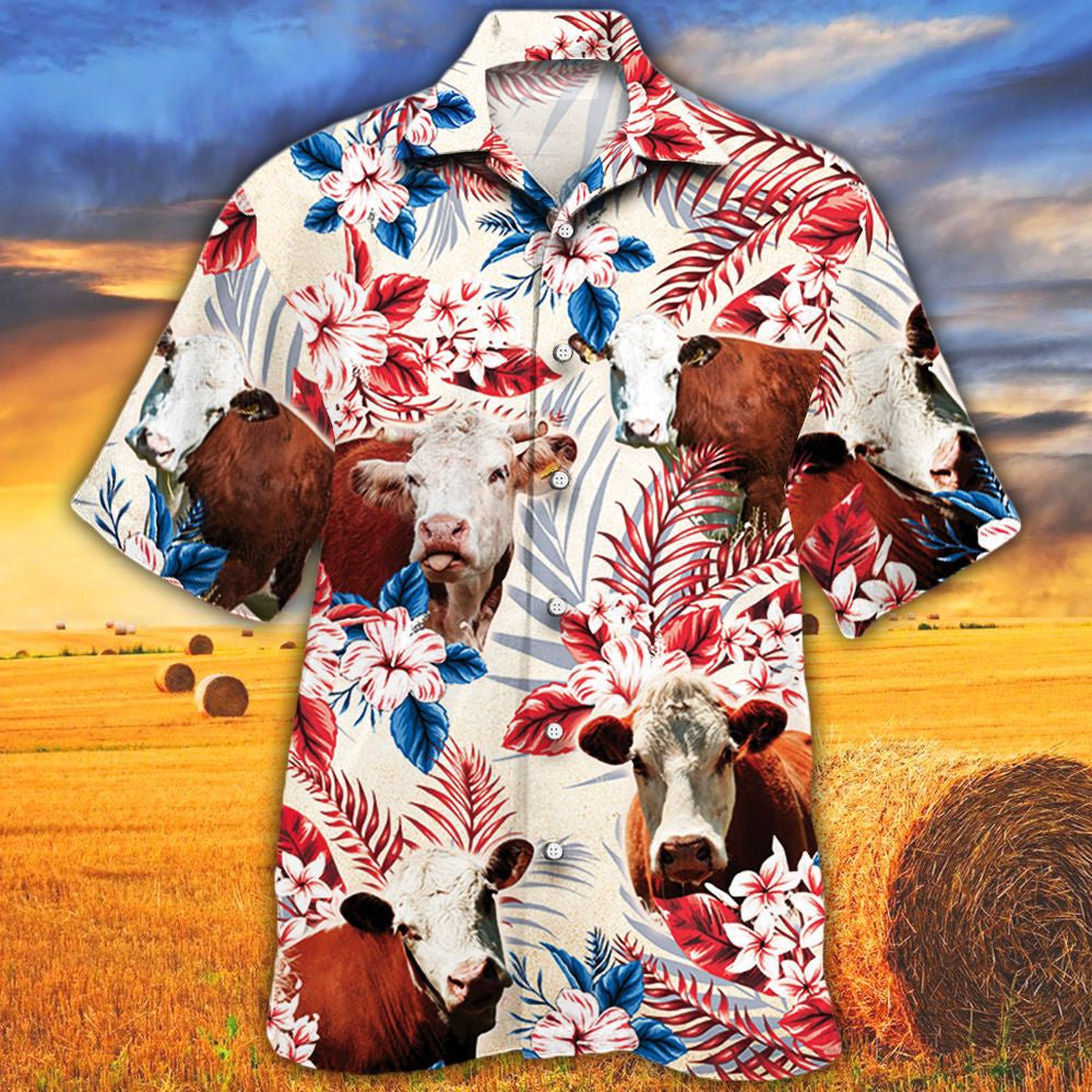 Hereford Cattle Australian Flag Hawaiian Flowers All Over Printed Hawaiian Shirt, Farm Hawaiian Shirt, Farmer Hawaii