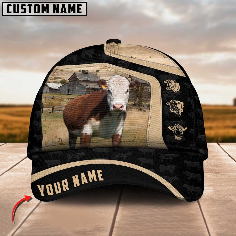 Hereford Cattle Black Yellow Pattern Customized Name Cap, Farmer Cap, Cap For Farmers, Best Farm Hat, Farm Use Hat
