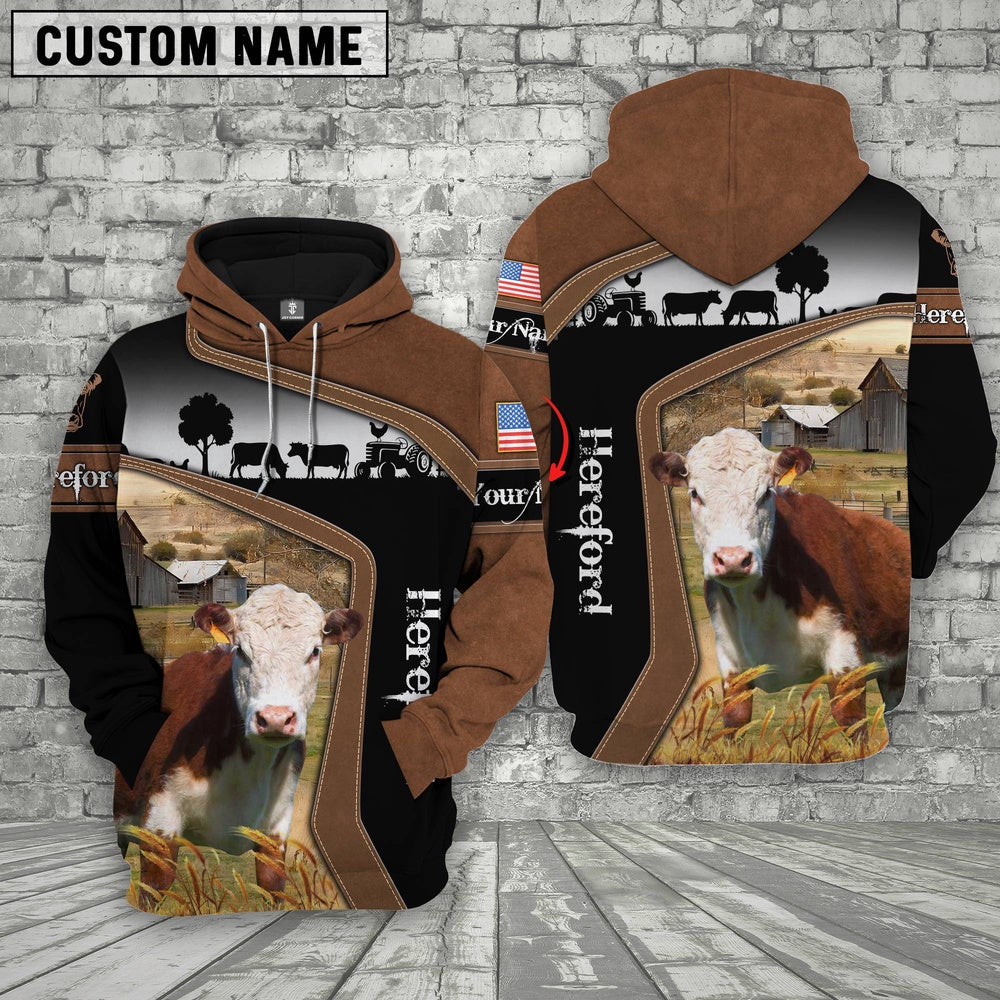 Hereford Cattle Brown Leather Pattern Custom Name Shirts, Farmer Hoodie, Custom Farm Shirts, Farmer T Shirt