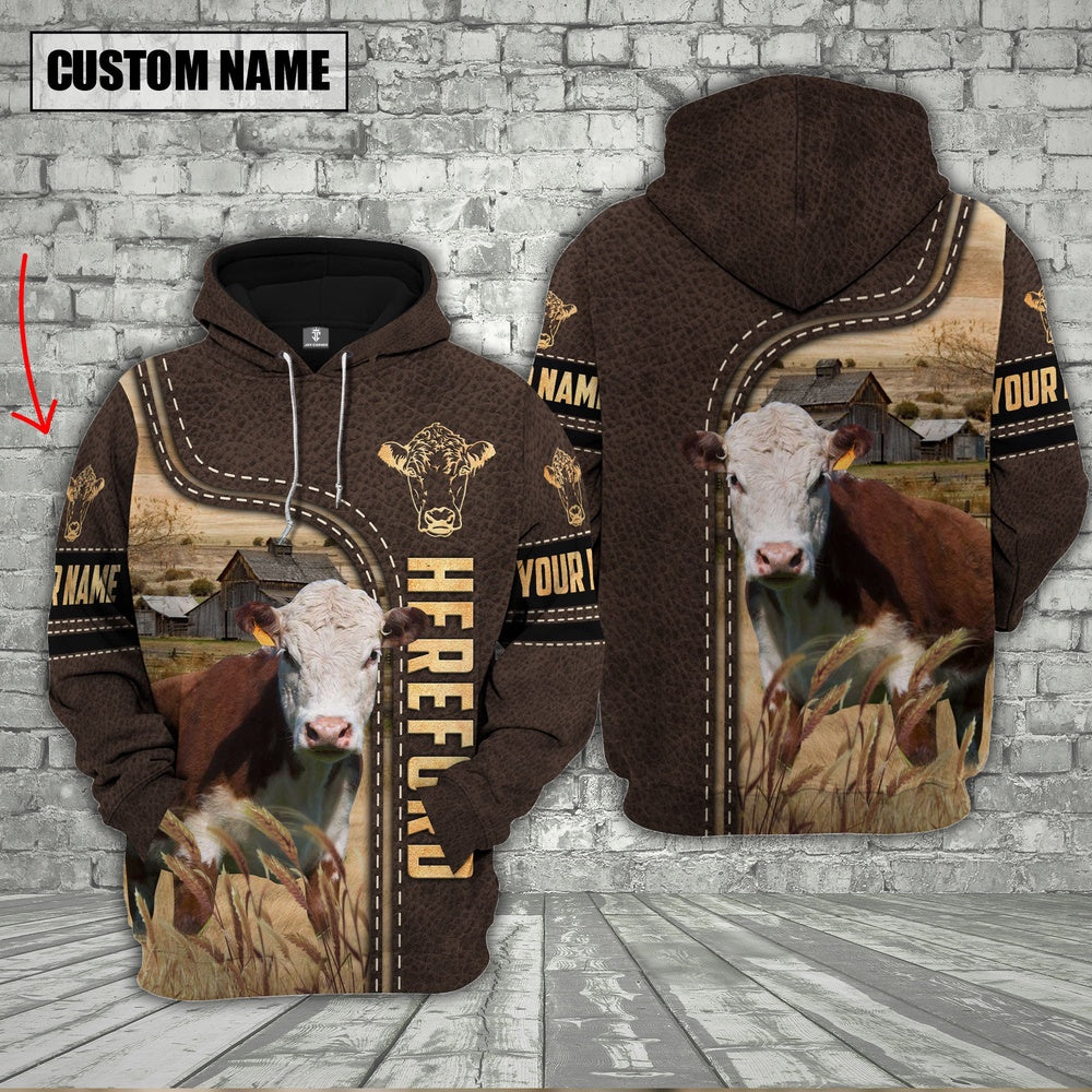 Hereford Cattle Brown Leather Personalized 3D Hoodie, Farmer Hoodie, Custom Farm Shirts, Farmer T Shirt