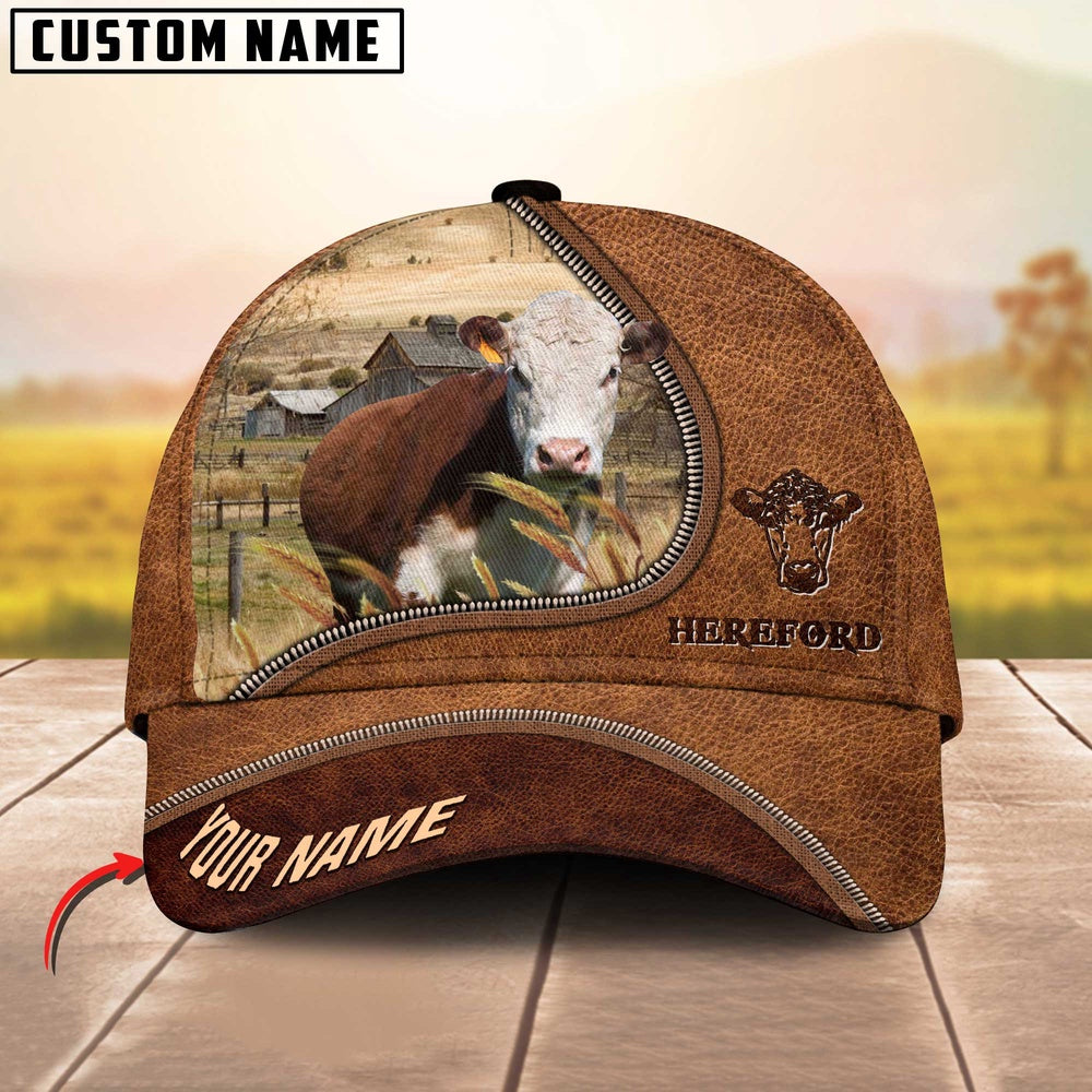 Hereford Cattle Brown Leather Zip Pattern Customized Name Cap, Farmer Cap, Cap For Farmers, Best Farm Hat, Farm Use Hat